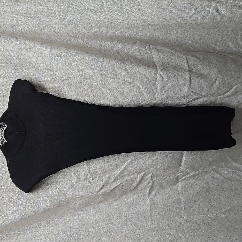 Maniere De Voir, Sleek Black Ribbed Midi Dress, Fitted, Sz Small High Neckline